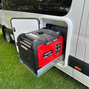 concealed and secure slide-out storage for generator for medical grade van conversion